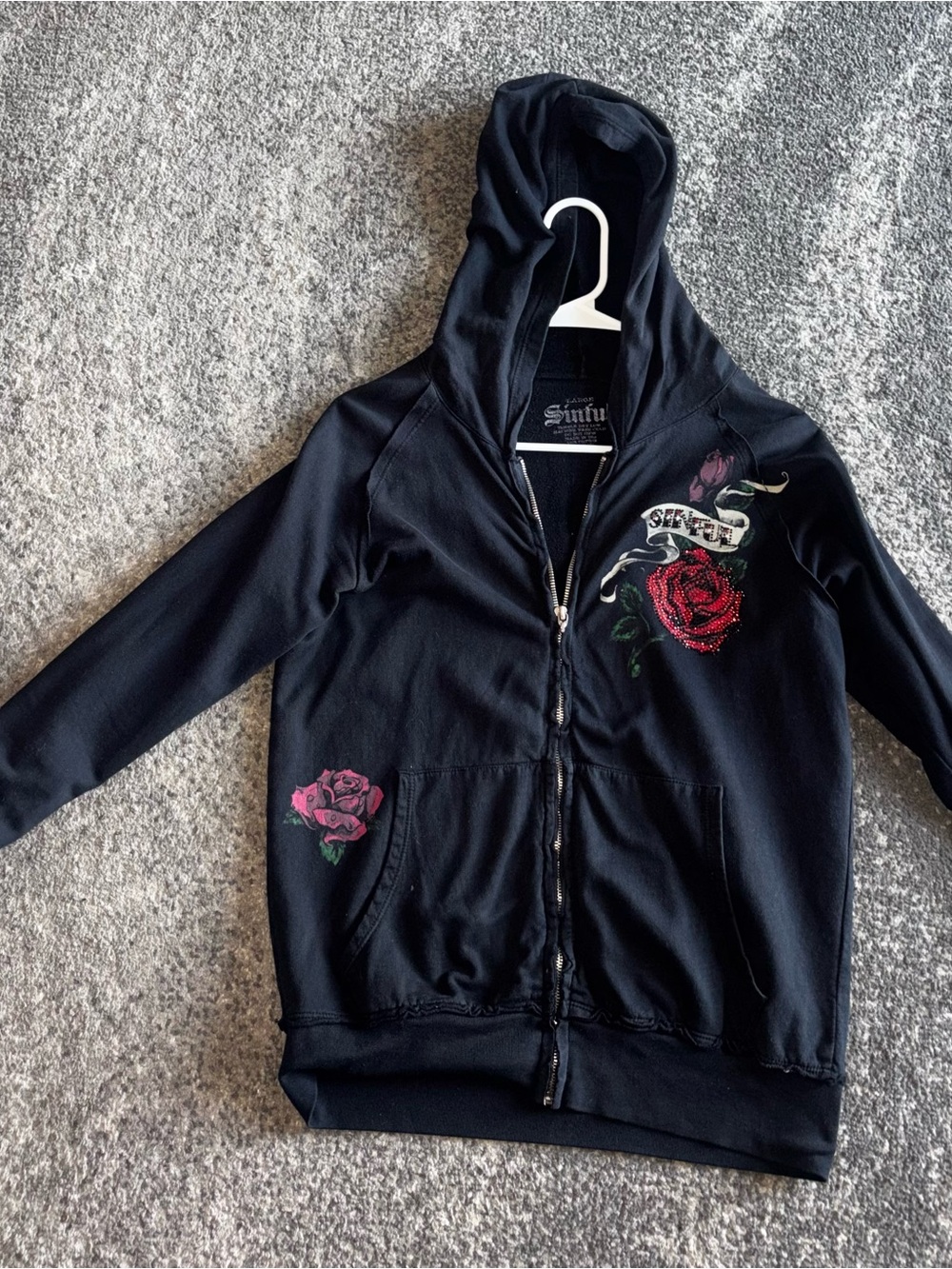Sinful Black Zip-Up Hoodie with Rose Embroidery